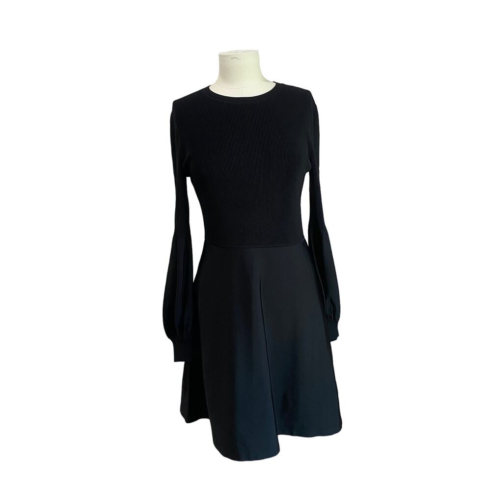 Theory Blouson Sleeve Dress Black Ribbed Knit A-Line K0716735 Glossed‎ L